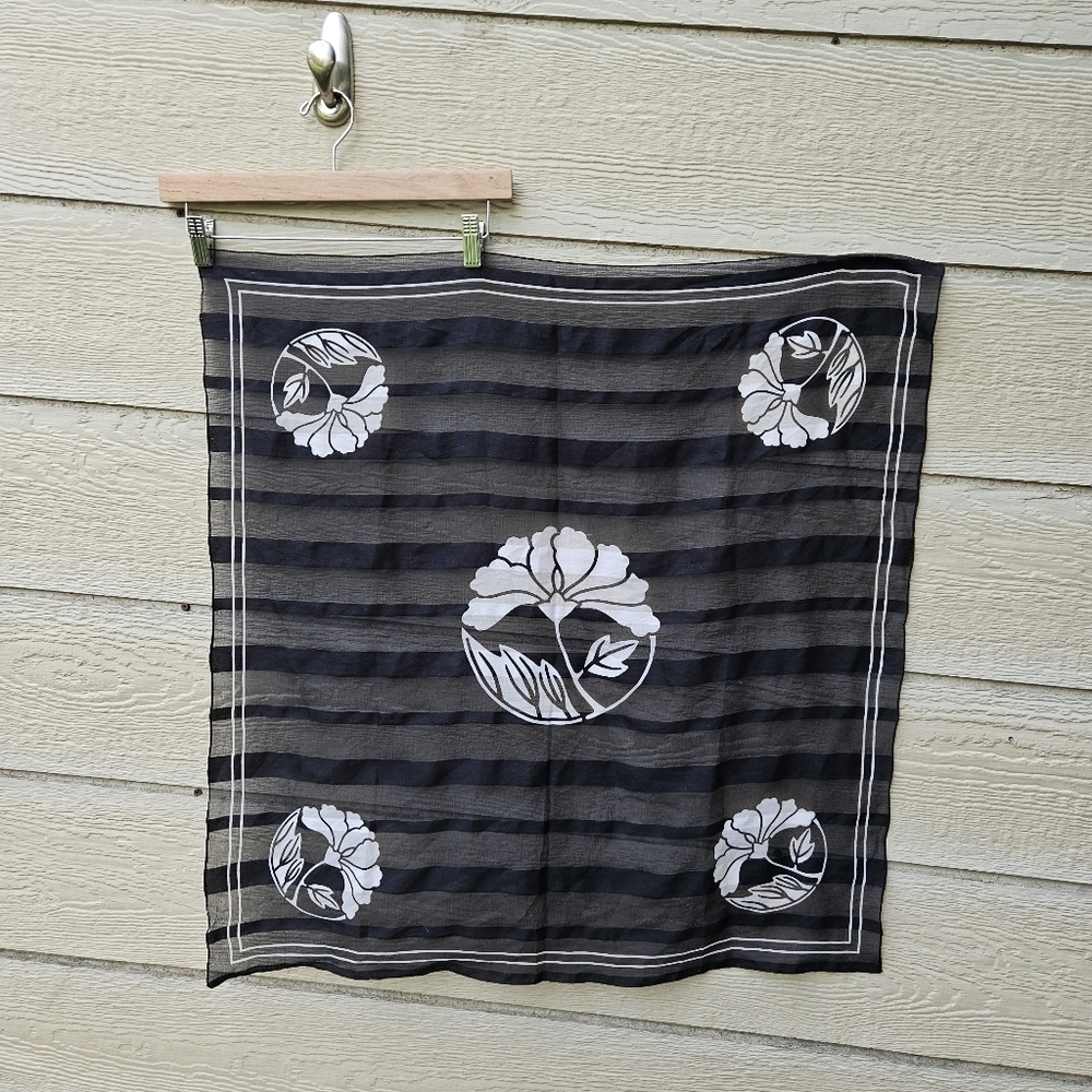 square black scarf with sheer stripes and white flowers
